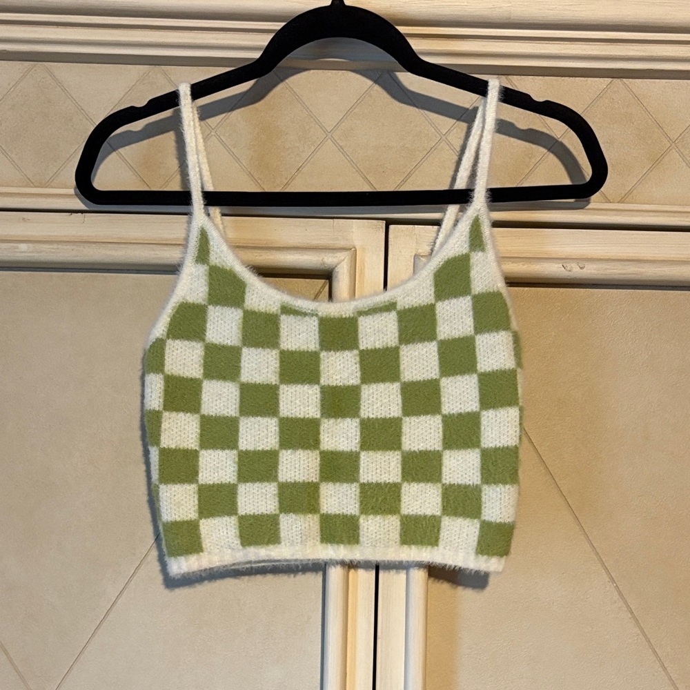 La Hearts Olive and Cream Checkered Crop Top